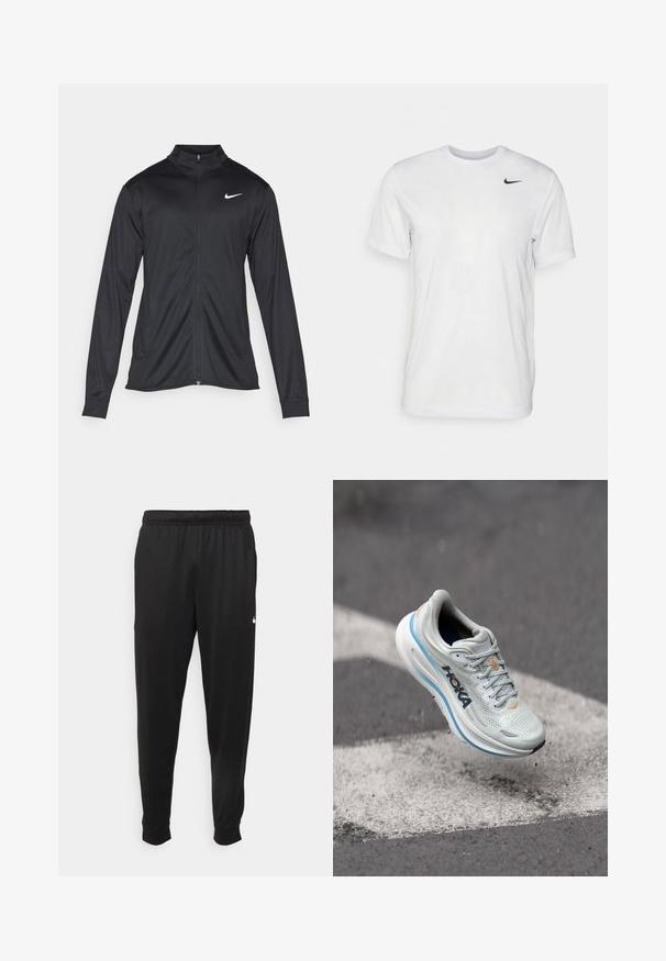 Črna atletska jakna z dolgimi rokavi, ovratnikom in polnim zadrgo. Vključuje diskreten bel Nike logotip na zgornjem levem delu prsnega koša. Gladka tekstura.; Bela kratka majica s kratkimi rokavi, izdelana iz gladkega materiala. Ima okroglo ovratnico in majhen črn Nike logotip na levi prsni strani.; Črne športne hlače iz gladkega materiala, z elastičnim pasom, zoženimi hlačnicami in majhnim belim logotipom na levi strani.; Svetlo sivi teniski čevelj z zračnim mrežastim zgornjim delom, oranžnimi detajli ter debelim belim podplatom s modrim robom. Lahka zasnova.