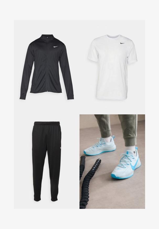 Giacca sportiva nera con maniche lunghe, colletto e zip completa. Presenta un logo Nike in bianco sulla parte superiore del lato sinistro del petto. Tessuto morbido.; T-shirt bianco a maniche corte in tessuto morbido. Presenta un collo rotondo e un piccolo logo Nike nero sul lato sinistro del petto.; Pantaloni sportivi neri realizzati in tessuto liscio, con una vita elastica, gambe affusolate e un piccolo logo bianco sul lato sinistro.; Scarpe da ginnastica azzurre chiare con materiale testurizzato, lacci prominenti e suola a motivo. Indossate con pantaloni della tuta grigi e calze bianche.