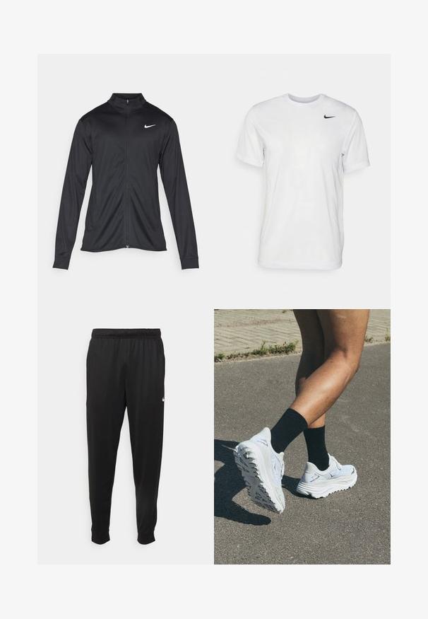 Chaqueta atlética negra con mangas largas, collar y cremallera completa. Presenta un sutil logo de Nike en blanco en la parte superior izquierda del pecho. Textura suave.; Camiseta blanca de manga corta hecha de tela suave. Presenta un cuello redondo y un pequeño logo negro de Nike en el pecho izquierdo.; Pantalones deportivos negros de tejido suave, con cintura elástica, perneras ajustadas y un pequeño logotipo blanco en el lado izquierdo.; Zapatillas de running blancas con parte superior texturizada, suela blanca gruesa y acentos negros, llevadas con calcetines negros hasta el tobillo sobre una superficie pavimentada.