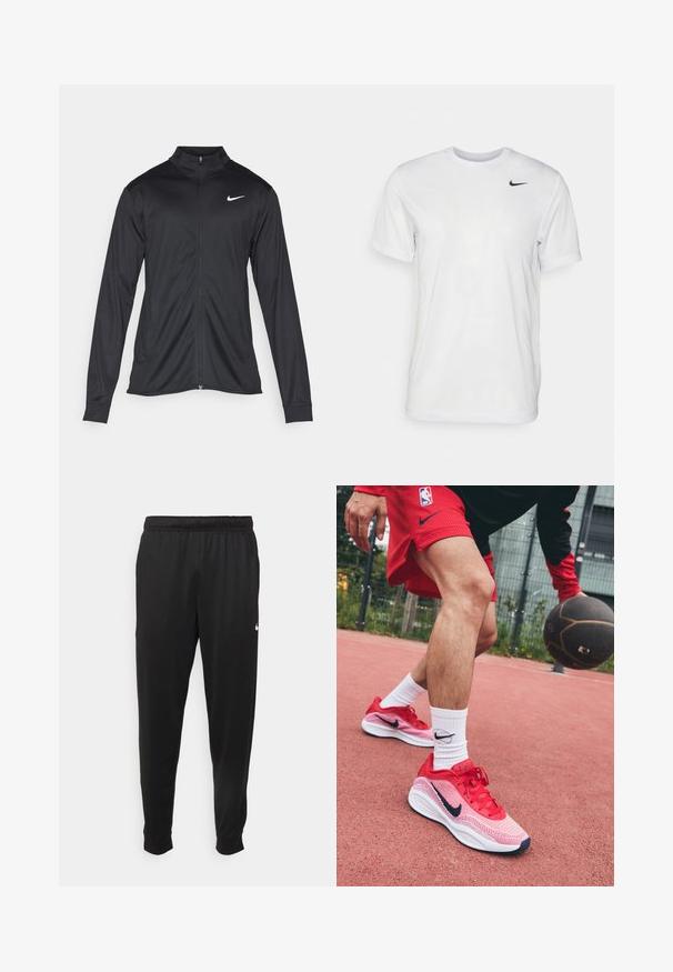 Juodas sportinis švarkas su ilgomis rankovėmis, apykakle ir pilnu užtrauktuku. Yra subtilus baltas Nike logotipas kairėje krūtinės pusėje. Lygus tekstūra.; Balta trumpa rankovėmis marškinėliai, pagaminti iš lygaus audinio. Turi apvalų kaklą ir mažą juodą Nike logotipą kairėje krūtinės pusėje.; Juodi sportiniai kelnės, pagamintos iš lygaus audinio, turinčios elastinę juosmenį, siaurėjantys sijonai ir mažas baltas logotipas kairėje pusėje.; Raudoni lengvi krepšinio bateliai su tinklinio dizainu ir kontrastingais jūros akcentais, dėvimi su baltais kojiniais, kurie turi juodą logotipą.