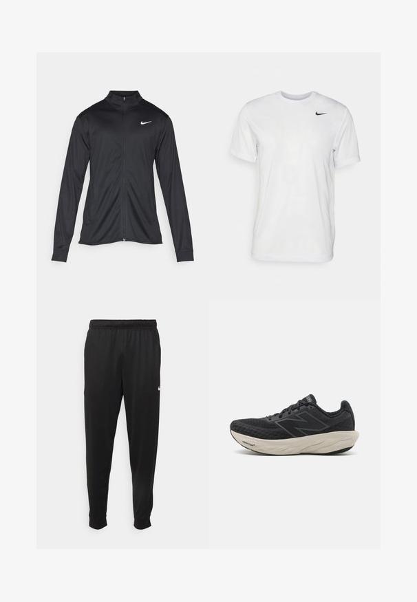 Jachetă sportivă neagră cu mâneci lungi, guler și fermoar complet. Prezintă un logo Nike subtil, alb, pe pieptul din stânga sus. Textură netedă.; Tricou alb cu mâneci scurte, realizat dintr-un material neted. Are guler rotund și un mic logo Nike negru pe partea stângă a pieptului.; Pantaloni sportivi negri dintr-o țesătură netedă, cu un elastic la brâu, picioare conice și un mic logo alb pe partea stângă.; Pantofii sport negri au un superior din plasă texturată, o talpă intermediară albă căptușită și o talpă exterioară din cauciuc negru cu striații vizibile.
