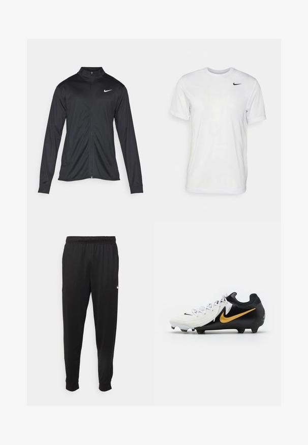 Fekete sportdzseki hosszú ujjal, gallérral és teljes cipzárral. Diszkrét fehér Nike logóval az upper bal mellen. Sima textúra.; Fehér, rövid ujjú póló, sima anyagból készült. Kerek nyakkivágással és egy kis fekete Nike logóval rendelkezik a bal mellen.; Fekete sportos nadrág sima anyagból, rugalmas derékkal, szűkülő lábakkal és egy kis fehér logóval a bal oldalon.; Nike amerikai foci cipő, fehér felsőrésszel, texturált csíkkal, fekete sarokkal és talppal, valamint aranyszínű swoosh logóval az oldalon.