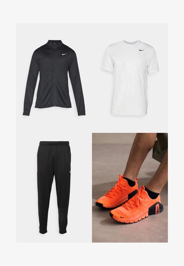 Must värvi sportlik jakk pikkade varrukatega, krae ja täispikk tõmblukk. Ülemises vasakus rinnas on diskreetne valge Nike logo. Sile tekstuur.; Valge lühikeste varrukatega t-särk, mis on valmistatud siledast kangast. Omab ümmargust kaelust ja väikest musta Nike logo vasakul rinnal.; Mustad mustekad athletic-püksid sujuvast kangast, elastse vöökoha, kitsenevate jalgade ja väikese valge logoga vasakul küljel.; Oranžid spordijalatsid tekstuuriga pealsega, musta kummist tallaga ja paeltega. Külgedel on Nike logo ja voolujooneline disain.