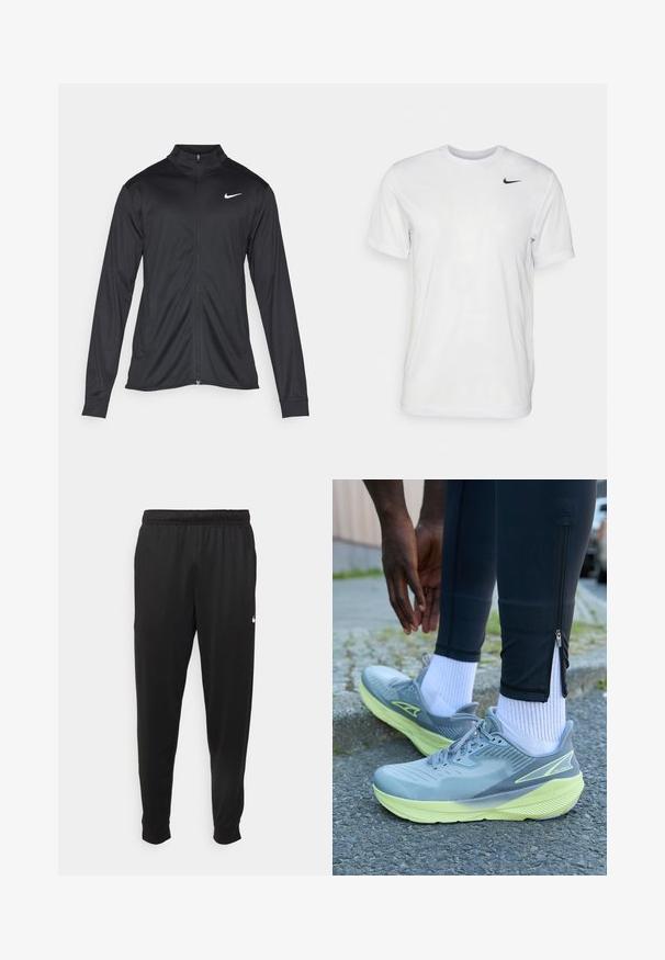 Jacket desportivo preto com mangas longas, colarinho e fecho zip completo. Apresenta um discreto logotipo da Nike em branco na parte superior do lado esquerdo do peito. Textura suave.; T-shirt branca de mangas curtas feita de tecido suave. Apresenta um decote redondo e um pequeno logótipo da Nike em preto no lado esquerdo do peito.; Calças de desporto pretas feitas de tecido suave, com uma cintura elástica, pernas ajustadas e um pequeno logo branco no lado esquerdo.; Altra EXPERIENCE FLOW - Sapatos para corrida em estrada - gray/green