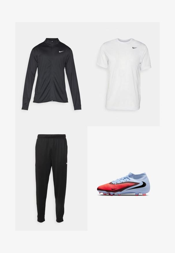 Jachetă sportivă neagră cu mâneci lungi, guler și fermoar complet. Prezintă un logo Nike subtil, alb, pe pieptul din stânga sus. Textură netedă.; Tricou alb cu mâneci scurte, realizat dintr-un material neted. Are guler rotund și un mic logo Nike negru pe partea stângă a pieptului.; Pantaloni sportivi negri dintr-o țesătură netedă, cu un elastic la brâu, picioare conice și un mic logo alb pe partea stângă.; Botină de fotbal Nike de culoare albastru deschis și roșu, cu swoosh negru, branț texturat, guler pentru gleznă de tip șosetă și conuri modelate cu vârful roșu.