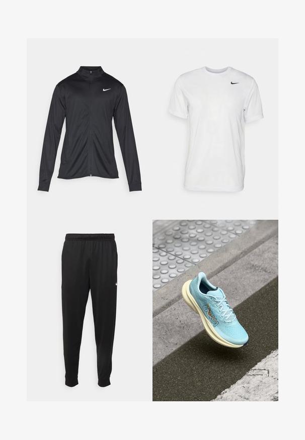 Jacket desportivo preto com mangas longas, colarinho e fecho zip completo. Apresenta um discreto logotipo da Nike em branco na parte superior do lado esquerdo do peito. Textura suave.; T-shirt branca de mangas curtas feita de tecido suave. Apresenta um decote redondo e um pequeno logótipo da Nike em preto no lado esquerdo do peito.; Calças de desporto pretas feitas de tecido suave, com uma cintura elástica, pernas ajustadas e um pequeno logo branco no lado esquerdo.; Sapatilha de corrida azul clara com parte superior em malha respirável, entressola em creme almofadada e detalhe do logótipo laranja na lateral. Design de bico arredondado.