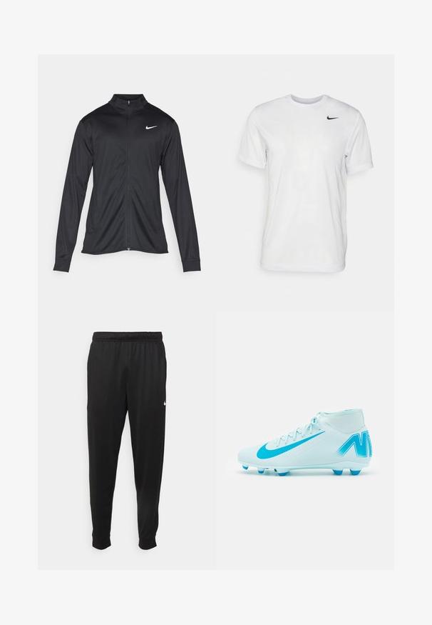 Must värvi sportlik jakk pikkade varrukatega, krae ja täispikk tõmblukk. Ülemises vasakus rinnas on diskreetne valge Nike logo. Sile tekstuur.; Valge lühikeste varrukatega t-särk, mis on valmistatud siledast kangast. Omab ümmargust kaelust ja väikest musta Nike logo vasakul rinnal.; Mustad mustekad athletic-püksid sujuvast kangast, elastse vöökoha, kitsenevate jalgade ja väikese valge logoga vasakul küljel.; Heledad sinine jalgpallikets, millel on tekstureeritud pind, erksad sinised aktsendid, kõrge disain ja kuus vormitud studsit, et tagada haarduvus.