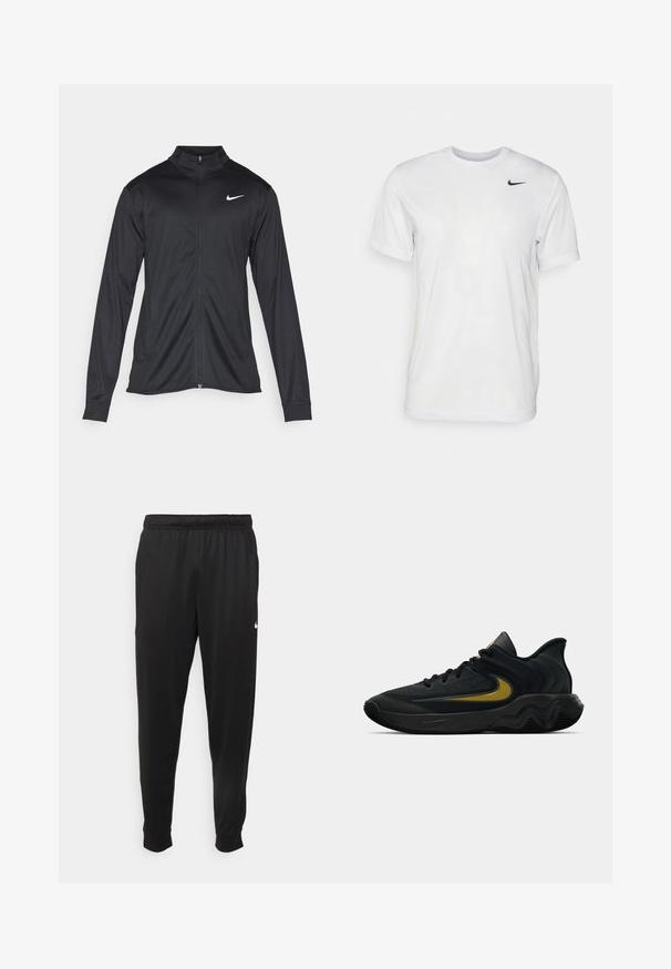 Black athletic jacket with long sleeves, collar, and full zipper. Features a subtle Nike logo in white on the upper left chest. Smooth texture.; White short-sleeve t-shirt made of smooth fabric. Features a round neck and a small black Nike logo on the left chest.; Black athletic pants made of smooth fabric, featuring an elastic waistband, tapered legs, and a small white logo on the left side.; Black and dark gray athletic shoe with black laces and gold swoosh logo, featuring a wavy sole design and padded heel collar.