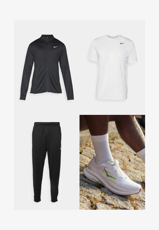 Juodas sportinis švarkas su ilgomis rankovėmis, apykakle ir pilnu užtrauktuku. Yra subtilus baltas Nike logotipas kairėje krūtinės pusėje. Lygus tekstūra.; Balta trumpa rankovėmis marškinėliai, pagaminti iš lygaus audinio. Turi apvalų kaklą ir mažą juodą Nike logotipą kairėje krūtinės pusėje.; Juodi sportiniai kelnės, pagamintos iš lygaus audinio, turinčios elastinę juosmenį, siaurėjantys sijonai ir mažas baltas logotipas kairėje pusėje.; HOKA MACH 6 - Bėgimo batai plentui - white/nimbus cloud