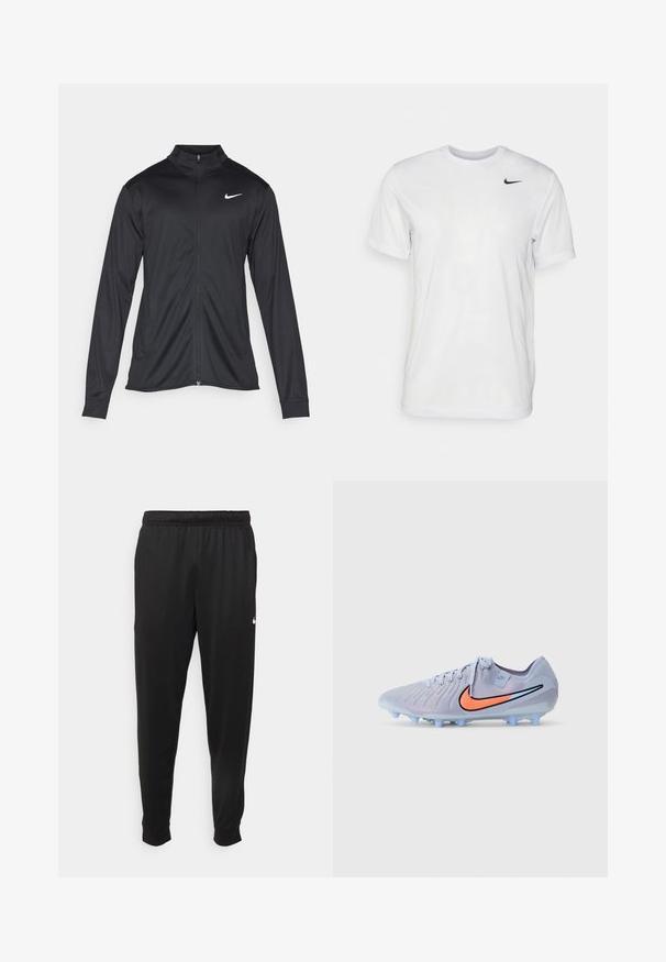Must värvi sportlik jakk pikkade varrukatega, krae ja täispikk tõmblukk. Ülemises vasakus rinnas on diskreetne valge Nike logo. Sile tekstuur.; Valge lühikeste varrukatega t-särk, mis on valmistatud siledast kangast. Omab ümmargust kaelust ja väikest musta Nike logo vasakul rinnal.; Mustad mustekad athletic-püksid sujuvast kangast, elastse vöökoha, kitsenevate jalgade ja väikese valge logoga vasakul küljel.; Helesinine jalgpallikets, millel on tekstureeritud pind, must ja oranž Nike swoosh ning läbipaistvad sinised nurgad haardeks.