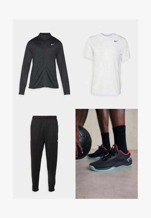 Chaqueta atlética negra con mangas largas, collar y cremallera completa. Presenta un sutil logo de Nike en blanco en la parte superior izquierda del pecho. Textura suave.; Camiseta blanca de manga corta hecha de tela suave. Presenta un cuello redondo y un pequeño logo negro de Nike en el pecho izquierdo.; Pantalones deportivos negros de tejido suave, con cintura elástica, perneras ajustadas y un pequeño logotipo blanco en el lado izquierdo.; Zapatillas deportivas negras con acentos rojos, parte superior de malla, diseño con cordones y una suela translúcida azul claro, junto a un balón negro.