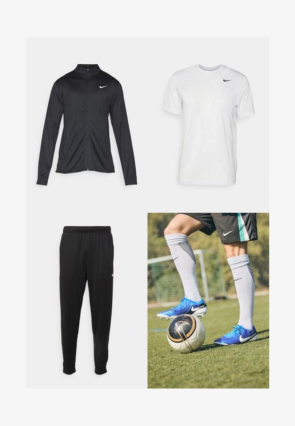 Black athletic jacket with long sleeves, collar, and full zipper. Features a subtle Nike logo in white on the upper left chest. Smooth texture.; White short-sleeve t-shirt made of smooth fabric. Features a round neck and a small black Nike logo on the left chest.; Black athletic pants made of smooth fabric, featuring an elastic waistband, tapered legs, and a small white logo on the left side.; Blue Nike soccer cleats with textured upper, black accents, and white studs; a black and white soccer ball with gold detailing beneath.