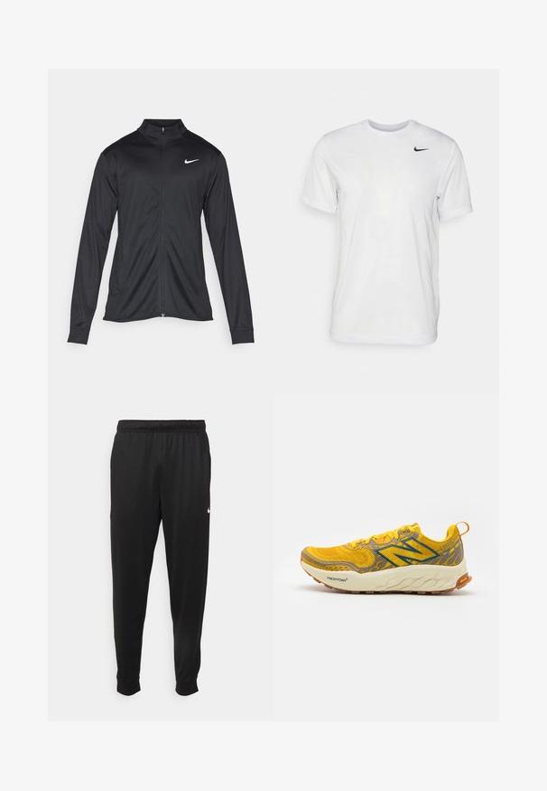 Veste de sport noire à manches longues, avec col et fermeture éclair intégrale. Présente un logo Nike subtil en blanc sur le côté supérieur gauche de la poitrine. Texture lisse.; T-shirt blanc à manches courtes en tissu lisse. Il présente un col rond et un petit logo Nike noir sur la poitrine gauche.; Pantalon de sport noir en tissu lisse, avec une taille élastique, des jambes fuselées et un petit logo blanc sur le côté gauche.; Baskets de course jaunes avec accents gris, tige en mesh respirant, design texturé, semelle intermédiaire rembourrée et semelle extérieure en caoutchouc. Étiquette "Fresh Foam" visible.