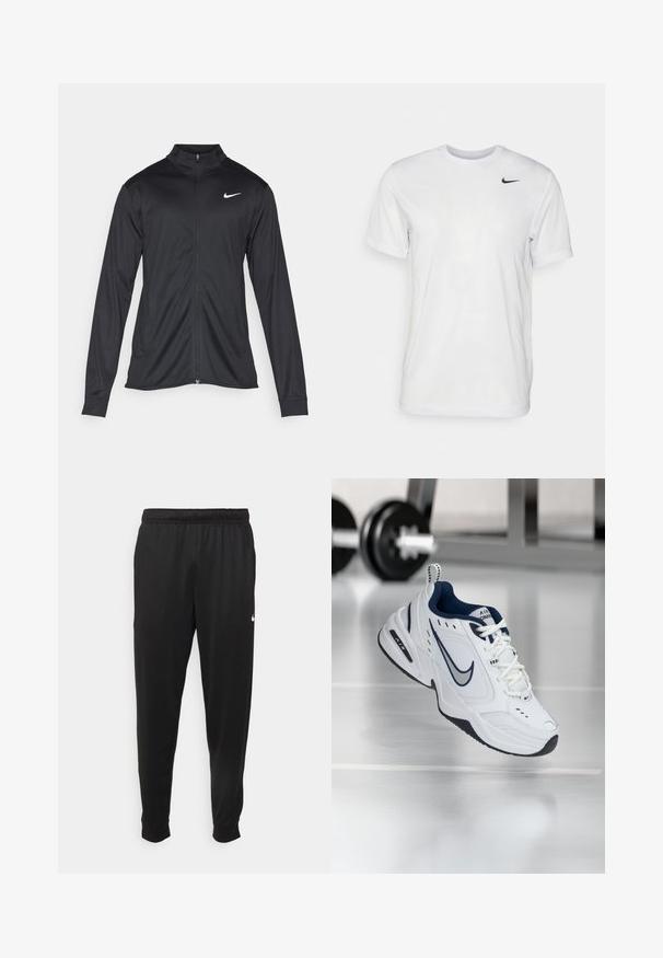 Giacca sportiva nera con maniche lunghe, colletto e zip completa. Presenta un logo Nike in bianco sulla parte superiore del lato sinistro del petto. Tessuto morbido.; T-shirt bianco a maniche corte in tessuto morbido. Presenta un collo rotondo e un piccolo logo Nike nero sul lato sinistro del petto.; Pantaloni sportivi neri realizzati in tessuto liscio, con una vita elastica, gambe affusolate e un piccolo logo bianco sul lato sinistro.; Scarpa sportiva bianca con accenti blu navy, tomaia in rete e pelle, punta rinforzata e suola in gomma nera. Presenta un distintivo marchio Nike.