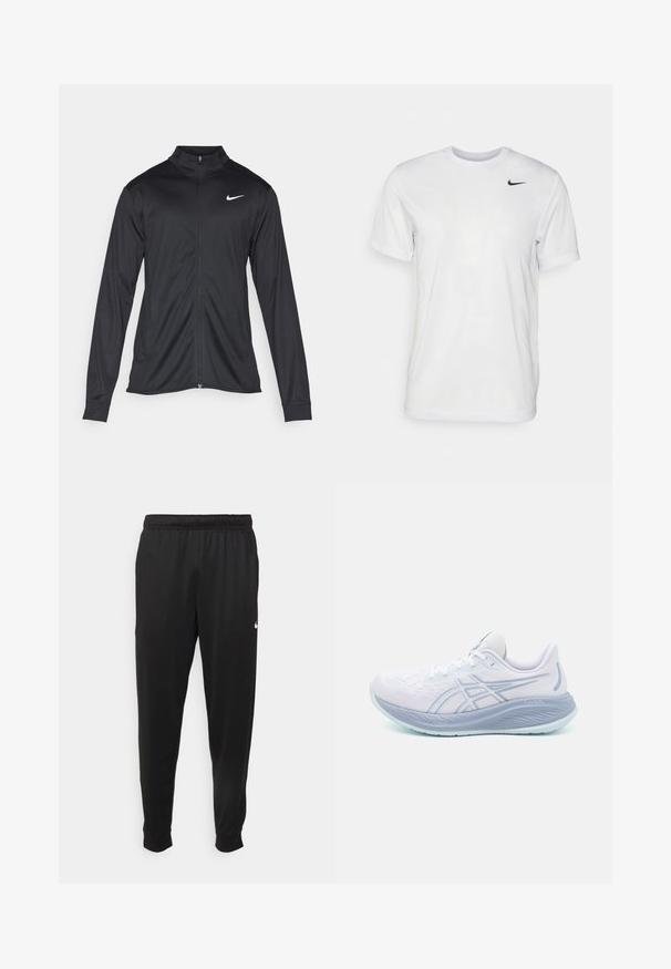 Veste de sport noire à manches longues, avec col et fermeture éclair intégrale. Présente un logo Nike subtil en blanc sur le côté supérieur gauche de la poitrine. Texture lisse.; T-shirt blanc à manches courtes en tissu lisse. Il présente un col rond et un petit logo Nike noir sur la poitrine gauche.; Pantalon de sport noir en tissu lisse, avec une taille élastique, des jambes fuselées et un petit logo blanc sur le côté gauche.; ASICS GEL-CUMULUS 26 - Chaussures de running sur route - white/cool grey