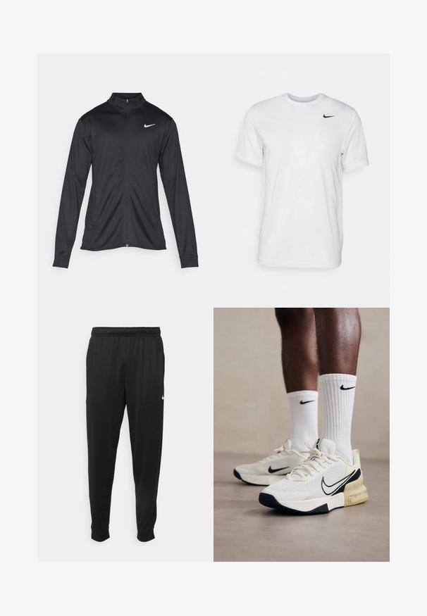 Crna sportska jakna s dugim rukavima, ovratnikom i punim patentnim zatvaračem. Ima suptilan Nike logo u bijeloj boji na gornjem lijevom dijelu prsne oznake. Glatka tekstura.; Bijela kratkotrajna majica s kratkim rukavima izrađena od glatkog materijala. Ima okrugli izrez i mali crni Nike logo na lijevoj strani prsnog koša.; Crne atletske hlače od glatkog materijala, s elastičnom pasicom, sužavajućim nogavicama i malim bijelim logom na lijevoj strani.; Bijele mrežaste tenisice s crnim nagibima i žutom srednjom potplatom. Rebraste bijele Nike čarape. Teksturirani potplat za poboljšano prianjanje.