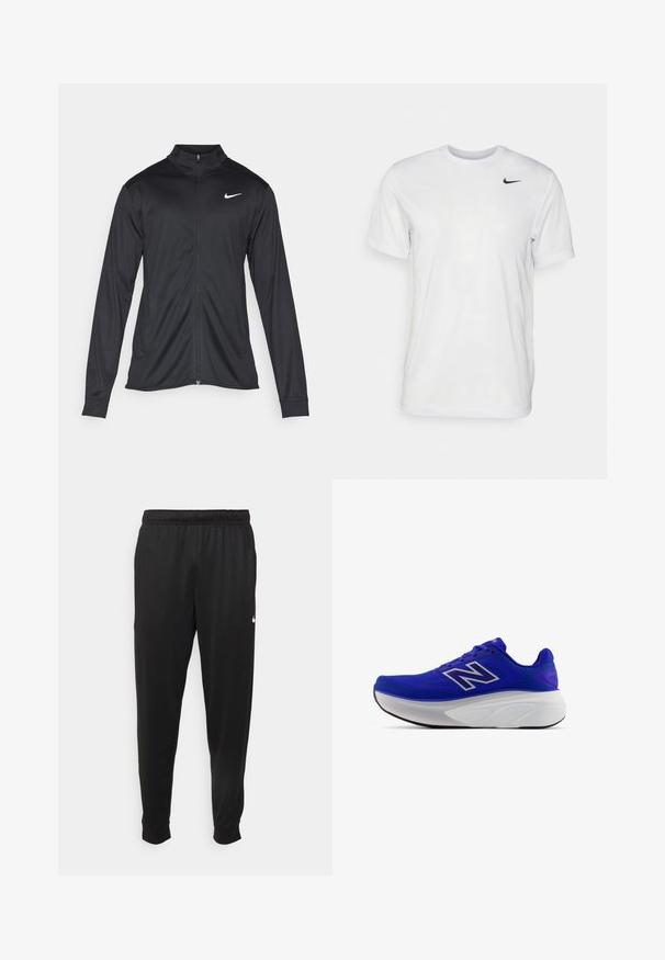 Čierna športová bunda s dlhými rukávmi, golierom a plným zipsom. Obsahuje nenápadné logo Nike v bielej farbe na hornej ľavej hrudi. Hladká textúra.; Biela krátka tričko s krátkymi rukávmi vyrobené z hladkej látky. Má okrúhly výstrih a malé čierne logo Nike na ľavej hrudi.; Čierne športové nohavice z hladkej tkaniny, s elastickým pásom, zužujúcimi sa nohavicami a malým bielym logom na ľavej strane.; Fialové športové topánky s priedušným sieťovaným zvrškom, zakrivenou bielou medzičastou a čiernou podrážkou. Strieborný logotyp na boku.
