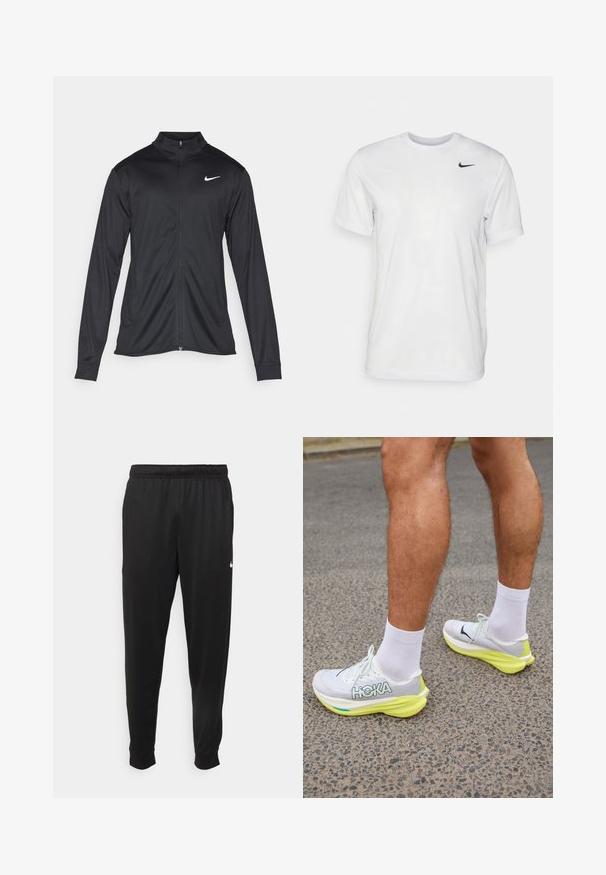 Crna sportska jakna s dugim rukavima, ovratnikom i punim patentnim zatvaračem. Ima suptilan Nike logo u bijeloj boji na gornjem lijevom dijelu prsne oznake. Glatka tekstura.; Bijela kratkotrajna majica s kratkim rukavima izrađena od glatkog materijala. Ima okrugli izrez i mali crni Nike logo na lijevoj strani prsnog koša.; Crne atletske hlače od glatkog materijala, s elastičnom pasicom, sužavajućim nogavicama i malim bijelim logom na lijevoj strani.; HOKA MACH X 2 - Tenisice za cestovno trčanje - frost/citrus