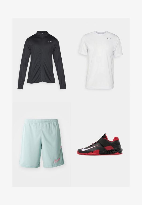 Jachetă sportivă neagră cu mâneci lungi, guler și fermoar complet. Prezintă un logo Nike subtil, alb, pe pieptul din stânga sus. Textură netedă.; Tricou alb cu mâneci scurte, realizat dintr-un material neted. Are guler rotund și un mic logo Nike negru pe partea stângă a pieptului.; Șorturi atletice de culoare albastru deschis, cu o textură din plasă, având un logo roz Nike pe partea stângă și un brâu elastic.; Adidași sport negri și roșii, cu un design elegant, superior din plasă texturată, talpă din cauciuc robustă și un accent proeminent al logo-ului alb.