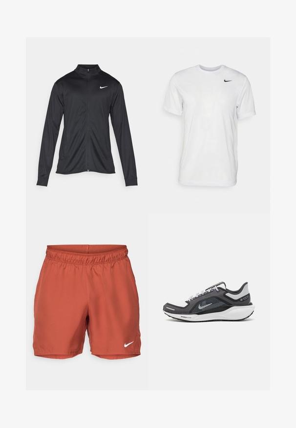 Svart idrettsjakke med lange ermer, krage og full glidelås. Har en subtil Nike-logo i hvitt på øvre venstre bryst. Glatt tekstur.; Hvit kortermet t-skjorte laget av glatt stoff. Har rund hals og en liten svart Nike-logo på venstre bryst.; Røde treningsshorts laget av lett materiale, med elastisk midje og en liten hvit Nike-logo nederst til venstre.; Svart og grå atletisk sko med mesh-overdel, refleksdetaljer og hvit mellomsåle. Har strukturert gummisåle og lisser.