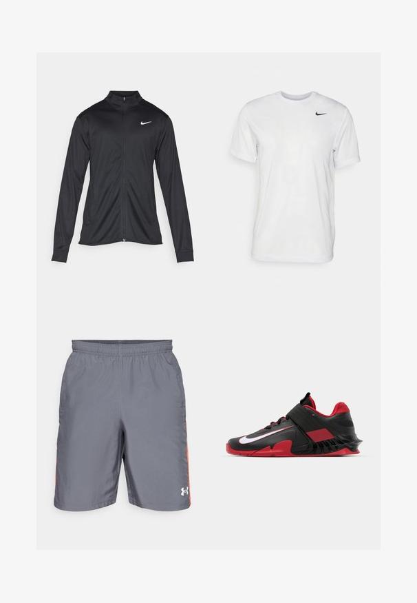 Svart idrettsjakke med lange ermer, krage og full glidelås. Har en subtil Nike-logo i hvitt på øvre venstre bryst. Glatt tekstur.; Hvit kortermet t-skjorte laget av glatt stoff. Har rund hals og en liten svart Nike-logo på venstre bryst.; Grå trening shorts med elastisk midje, med oransje sideaksenter og et Under Armour-logo på nederste høyre side.; Sorte og røde treningssko med et slankt design, teksturert mesh-overdel, solid gummisåle og fremtredende hvit logo-akse.