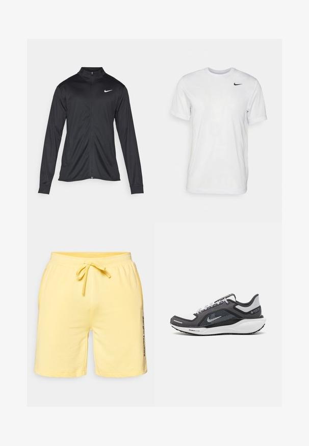 Svart idrettsjakke med lange ermer, krage og full glidelås. Har en subtil Nike-logo i hvitt på øvre venstre bryst. Glatt tekstur.; Hvit kortermet t-skjorte laget av glatt stoff. Har rund hals og en liten svart Nike-logo på venstre bryst.; Lys gule shorts laget av myk bomull, med elastisk midje med snor og sidelommer. Utmerket merking på siden.; Svart og grå atletisk sko med mesh-overdel, refleksdetaljer og hvit mellomsåle. Har strukturert gummisåle og lisser.