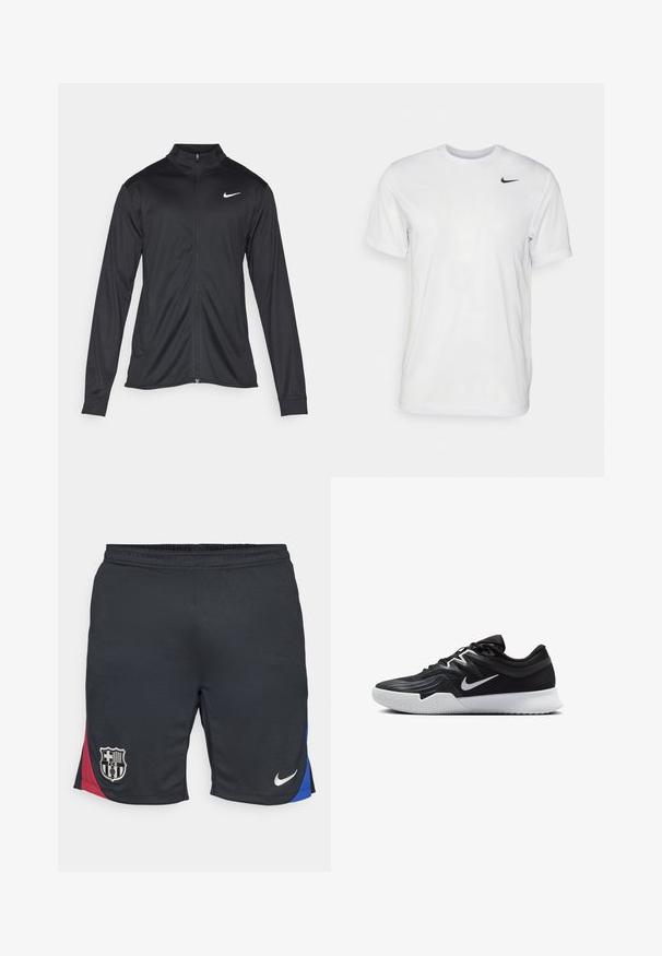 Svart idrottsjacka med långa ärmar, krage och full dragkedja. Har en diskret Nike-logga i vitt på övre vänstra bröstet. Slät yta.; Vit t-shirt med kort ärm i mjukt tyg. Har en rund hals och en liten svart Nike-logotyp på vänster bröst.; Nike-shorts har en svart kropp med röda och blå sidodetaljer, ett strukturerat tyg, resårmidja och en Barcelona-klubblogan på vänster sida.; Svarta träningsskor med en texturerad ovandel, vit Nike-logga och en vit gummisula. Har snörningsdesign och en dynamisk form.