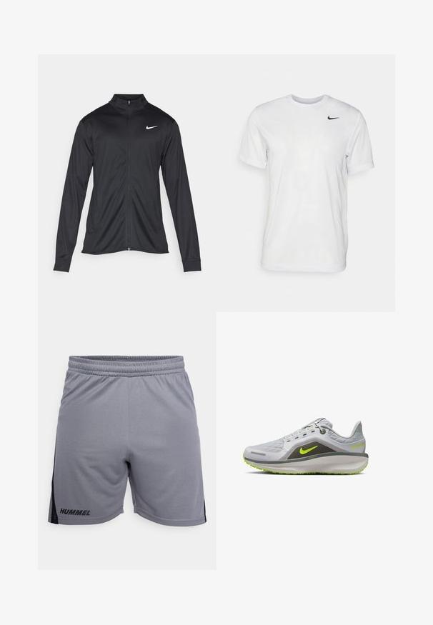 Svart idrottsjacka med långa ärmar, krage och full dragkedja. Har en diskret Nike-logga i vitt på övre vänstra bröstet. Slät yta.; Vit t-shirt med kort ärm i mjukt tyg. Har en rund hals och en liten svart Nike-logotyp på vänster bröst.; Grå träningsshorts med en svart rand på sidan, tillverkade av lätt material, med ett elastiskt midjeband och logotypen "HUMMEL" nederst till vänster.; Grå sportskor med en texturerad ovandel, neongröna accenter, en dämpad sula och en lätt design. Har en synlig logotyp och detaljer.