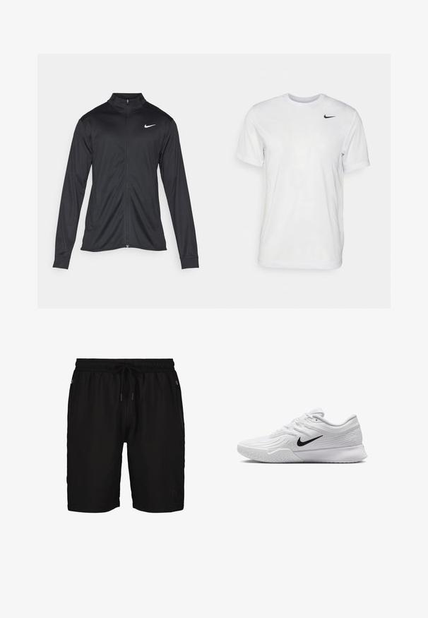 Schwarze Sportjacke mit langen Ärmeln, Kragen und voller Reißverschluss. Verfügt über ein dezentes Nike-Logo in Weiß auf der oberen linken Brust. Glatte Textur.; Weißes T-Shirt mit kurzen Ärmeln aus glattem Stoff. Verfügt über einen runden Halsauschnitt und ein kleines schwarzes Nike-Logo auf der linken Brust.; Schwarze Sportshorts mit elastischem Bund und Kordelzug. Verfügt über zwei seitliche Reißverschlusstaschen und ein Logo-Detail auf der unteren linken Seite.; Weißer Sportschuh mit strukturiertem Mesh-Obermaterial, schwarzem Nike-Swoosh, gepolstertem Kragen und Gummisohle mit einem Profilmuster.