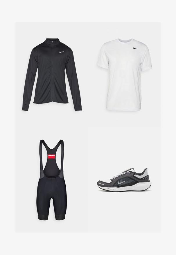 Musta urheilutakki pitkillä hihoilla, kauluksella ja kokonaisella vetoketjulla. Täydentää hienovarainen Nike-logo valkoisena vasemmassa ylärinnassa. Litteä pinta.; Valkoinen lyhythihainen t-paita, joka on valmistettu sileästä kankaasta. Ominaisuuksina pyöreä kaula-aukko ja pieni musta Nike-logo vasemmassa rinnassa.; Mustat pyöräilybretellishortsit, joissa on verkkostrappi, pehmeä istuinosa, tiukka istuvuus ja elastiset hihnat. Takana punainen etiketti, jossa on brändin nimi.; Musta ja harmaa urheilukenka, jossa on verkkopäällinen, heijastavat yksityiskohdat ja valkoinen välipohja. Varustettu kuvioidulla kumipohjalla ja nauhoilla.