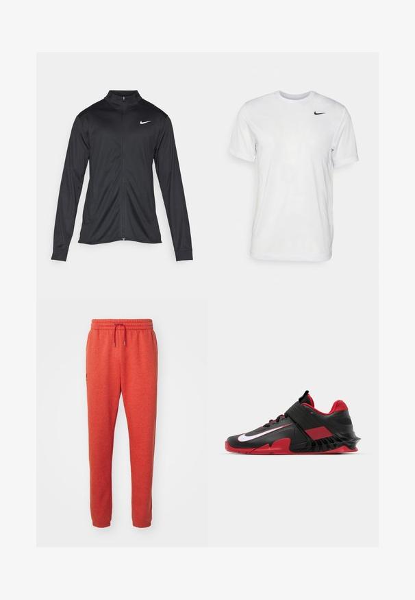 Black athletic jacket with long sleeves, collar, and full zipper. Features a subtle Nike logo in white on the upper left chest. Smooth texture.; White short-sleeve t-shirt made of smooth fabric. Features a round neck and a small black Nike logo on the left chest.; Red sweatpants made of soft fabric, featuring an elastic waistband with drawstring, tapered legs, and a small logo detail on the side.; Black and red athletic sneakers featuring a sleek design, textured mesh upper, sturdy rubber sole, and prominent white logo accent.