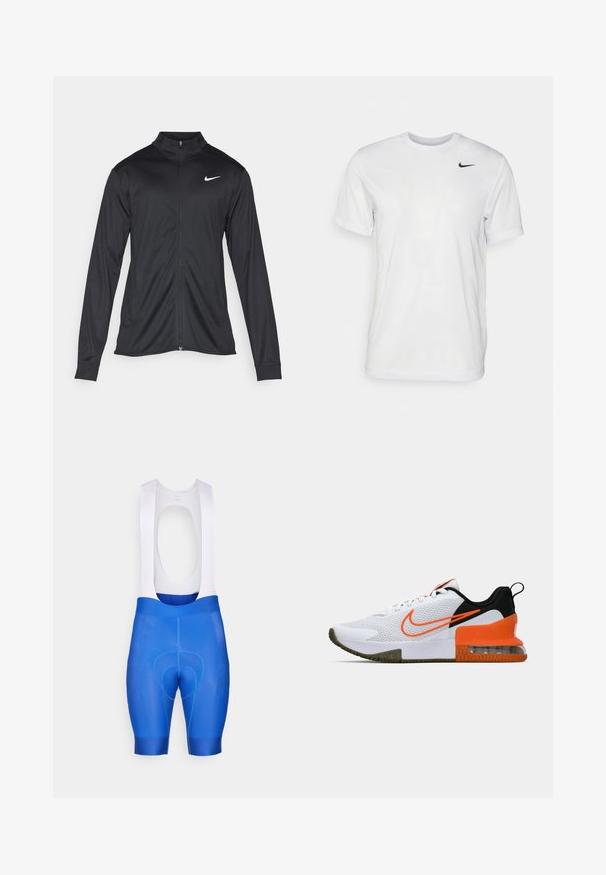 Giacca sportiva nera con maniche lunghe, colletto e zip completa. Presenta un logo Nike in bianco sulla parte superiore del lato sinistro del petto. Tessuto morbido.; T-shirt bianco a maniche corte in tessuto morbido. Presenta un collo rotondo e un piccolo logo Nike nero sul lato sinistro del petto.; Salopette da ciclismo blu con spalline bianche, dotata di un fondello imbottito, texture liscia e vestibilità su misura per comfort e prestazioni.; Scarpa sportiva bianca con tomaia in mesh testurizzato, dettagli neri e arancioni, una suola in gomma spessa e una sezione di cuscino d'aria trasparente nel tallone.