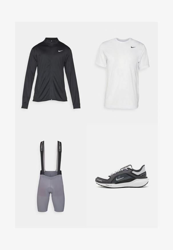 Melna sporta jaka ar garām piedurknēm, apkakli un pilnu rāvējslēdzēju. Uz kreisā krūts augšdaļas ir maigs Nike logo baltā krāsā. Gluda tekstūra.; Balts īsām piedurknēm T-krekls, kas izgatavots no gludas auduma. Tam ir apaļa kakla izgriezums un neliels melns Nike logo kreisajā krūtī.; Pelēki velosipēdu šorti ar melnām piekārēm. Audumam ir gluda tekstūra ar pastiprinātu šuvju apdari un mīkstinājumu komfortam.; Melnas un pelēkas sporta kurpes ar tīklu augšdaļu, atstarojošiem akcentiem un baltu starpzoli. Aprīkotas ar teksturētu gumijas zoli un šņorēm.