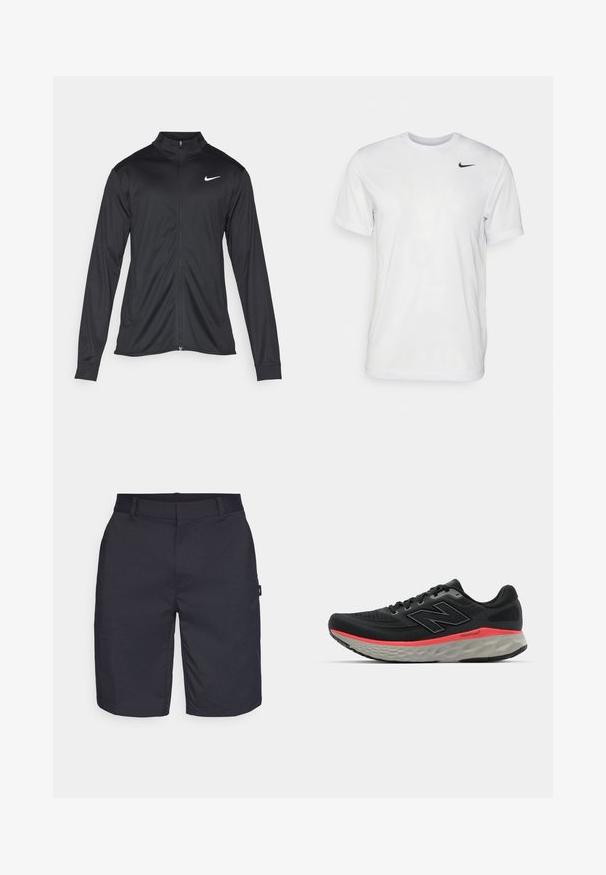 Must värvi sportlik jakk pikkade varrukatega, krae ja täispikk tõmblukk. Ülemises vasakus rinnas on diskreetne valge Nike logo. Sile tekstuur.; Valge lühikeste varrukatega t-särk, mis on valmistatud siledast kangast. Omab ümmargust kaelust ja väikest musta Nike logo vasakul rinnal.; Oakley TERRAIN SHORT - Spordišortsid - blackout; Mustvalge jooksujalats, millel on võrkkangast pealisosa, millele on lisatud roosa vaheosa riba ja hall pohjaplaat. Omab tekstureeritud detaile ja paindlikku talla disaini.