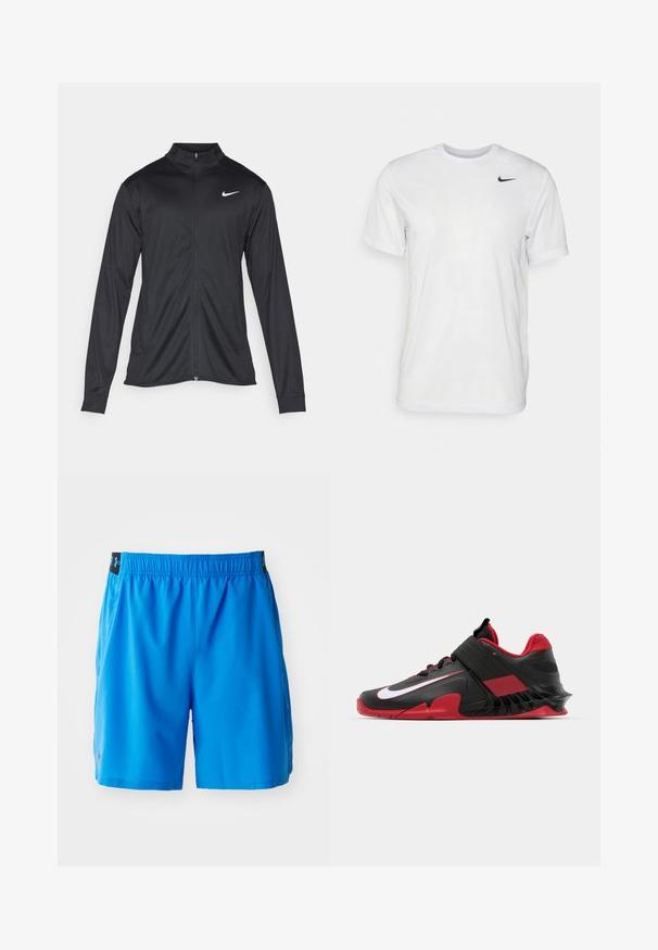 Jacket desportivo preto com mangas longas, colarinho e fecho zip completo. Apresenta um discreto logotipo da Nike em branco na parte superior do lado esquerdo do peito. Textura suave.; T-shirt branca de mangas curtas feita de tecido suave. Apresenta um decote redondo e um pequeno logótipo da Nike em preto no lado esquerdo do peito.; Calções de desporto azuis feitos de um tecido leve, com cintura elástica, bolsos laterais e um pequeno logotipo na parte inferior da perna esquerda.; Ténis de atletismo em preto e vermelho com um design elegante, parte superior em malha texturizada, sola de borracha resistente e um destaque proeminente com o logótipo branco.