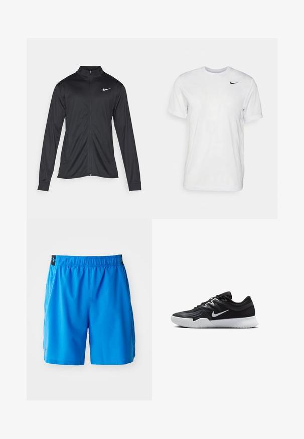 Jacket desportivo preto com mangas longas, colarinho e fecho zip completo. Apresenta um discreto logotipo da Nike em branco na parte superior do lado esquerdo do peito. Textura suave.; T-shirt branca de mangas curtas feita de tecido suave. Apresenta um decote redondo e um pequeno logótipo da Nike em preto no lado esquerdo do peito.; Calções de desporto azuis feitos de um tecido leve, com cintura elástica, bolsos laterais e um pequeno logotipo na parte inferior da perna esquerda.; Sapatilha atlética preta com um cabedal texturizado, swoosh branco da Nike e uma sola de borracha branca. Apresenta um design com atacadores e uma forma dinâmica.