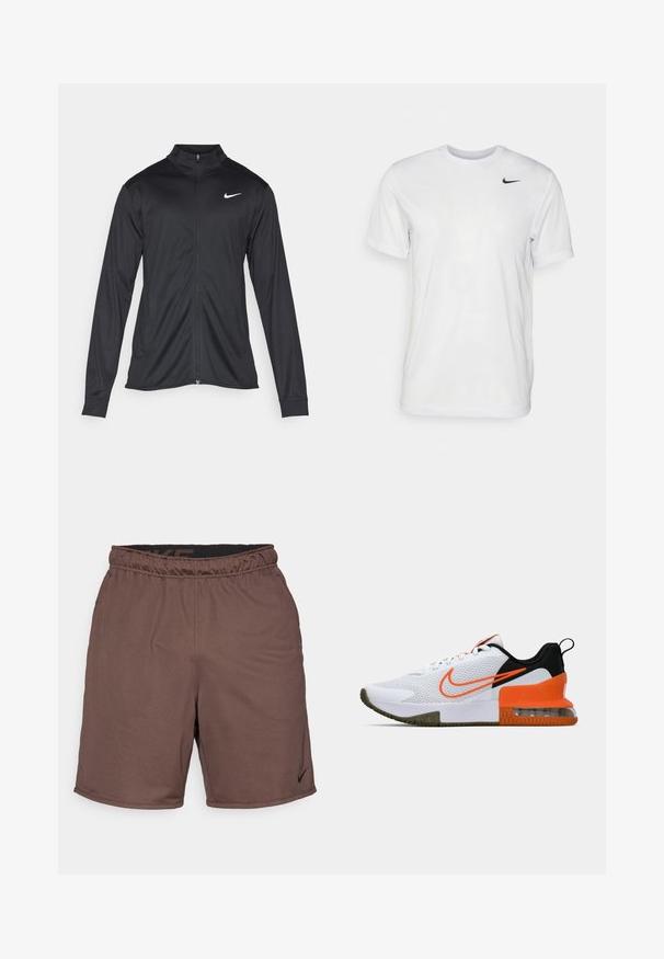 Crna sportska jakna s dugim rukavima, ovratnikom i punim patentnim zatvaračem. Ima suptilan Nike logo u bijeloj boji na gornjem lijevom dijelu prsne oznake. Glatka tekstura.; Bijela kratkotrajna majica s kratkim rukavima izrađena od glatkog materijala. Ima okrugli izrez i mali crni Nike logo na lijevoj strani prsnog koša.; Smeđe sportske hlače sa elastičnom gumom, s teksturiranim materijalom i malim crnim Nike logom na donjoj desnoj strani.; Bijela atletska cipela s teksturiranim mrežastim gornjim dijelom, crnim i narančastim naglascima, debelim gumastim potplatom i prozirnim zračnim jastučićem na peti.