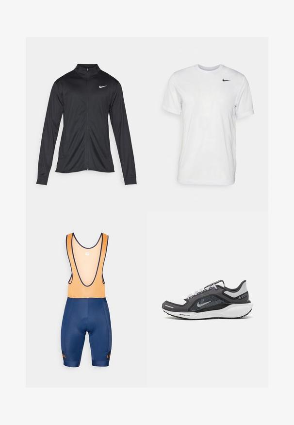Black athletic jacket with long sleeves, collar, and full zipper. Features a subtle Nike logo in white on the upper left chest. Smooth texture.; White short-sleeve t-shirt made of smooth fabric. Features a round neck and a small black Nike logo on the left chest.; Blue cycling bib shorts with orange mesh straps, padded seat, and contrasting logo detail. Features a form-fitting design and smooth texture.; Black and gray athletic shoe with a mesh upper, reflective accents, and a white midsole. Features textured rubber outsole and laces.