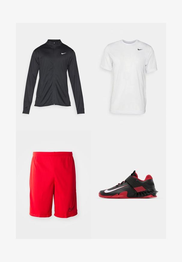 Black athletic jacket with long sleeves, collar, and full zipper. Features a subtle Nike logo in white on the upper left chest. Smooth texture.; White short-sleeve t-shirt made of smooth fabric. Features a round neck and a small black Nike logo on the left chest.; Red athletic shorts made of lightweight fabric, featuring a black logo accent, elastic waistband, and side vents for improved airflow.; Black and red athletic sneakers featuring a sleek design, textured mesh upper, sturdy rubber sole, and prominent white logo accent.