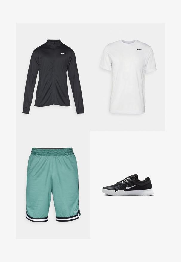 Schwarze Sportjacke mit langen Ärmeln, Kragen und voller Reißverschluss. Verfügt über ein dezentes Nike-Logo in Weiß auf der oberen linken Brust. Glatte Textur.; Weißes T-Shirt mit kurzen Ärmeln aus glattem Stoff. Verfügt über einen runden Halsauschnitt und ein kleines schwarzes Nike-Logo auf der linken Brust.; Grüne Mesh-Sportshorts mit einem schwarzen elastischen Bund, ausgestattet mit weißen und schwarzen gestreiften Akzenten am Saum und einem kleinen Logo.; Schwarzer Sportschuh mit strukturiertem Obermaterial, weißem Nike-Warenzeichen und einer weißen Gummisohle. Verfügt über ein Schnürdesign und eine dynamische Form.