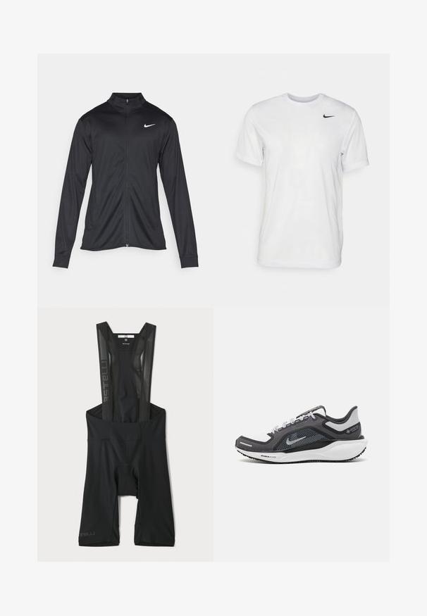 Melna sporta jaka ar garām piedurknēm, apkakli un pilnu rāvējslēdzēju. Uz kreisā krūts augšdaļas ir maigs Nike logo baltā krāsā. Gluda tekstūra.; Balts īsām piedurknēm T-krekls, kas izgatavots no gludas auduma. Tam ir apaļa kakla izgriezums un neliels melns Nike logo kreisajā krūtī.; Melnas velosipēdu bikses ar sietveida siksnām, ar polsterētu sēdekli, plūdenu dizainu un atstarojošiem akcentiem. Piemērotas veiktspējas apģērbam.; Melnas un pelēkas sporta kurpes ar tīklu augšdaļu, atstarojošiem akcentiem un baltu starpzoli. Aprīkotas ar teksturētu gumijas zoli un šņorēm.
