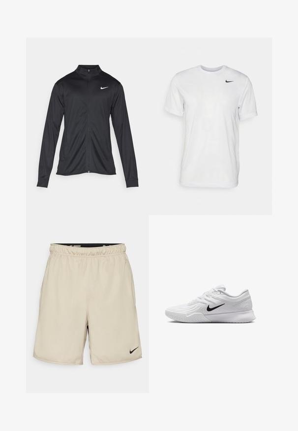 Svart idrettsjakke med lange ermer, krage og full glidelås. Har en subtil Nike-logo i hvitt på øvre venstre bryst. Glatt tekstur.; Hvit kortermet t-skjorte laget av glatt stoff. Har rund hals og en liten svart Nike-logo på venstre bryst.; Beige idrettsshorts laget av lett materiale med elastisk liv, med en liten svart Nike-logg nederst til høyre.; Hvit atletisk sko med teksturert mesh-overdel, svart Nike-svush, polstret krage og gummisåle med mønster.