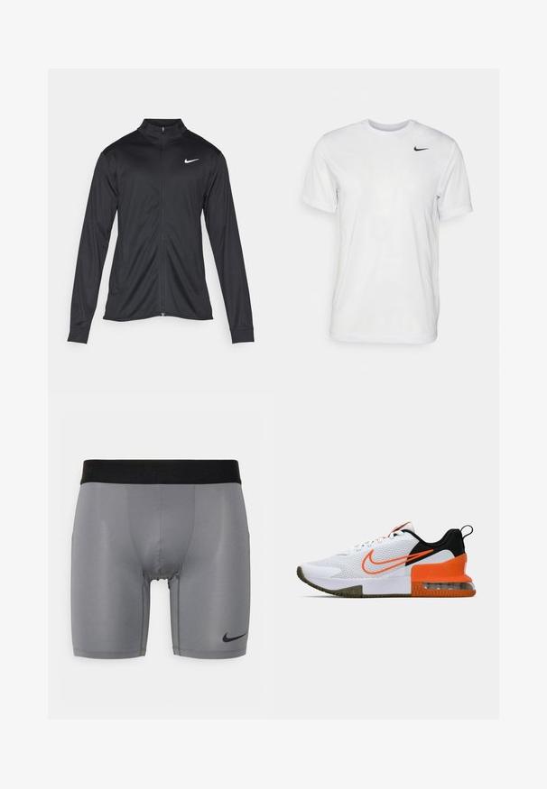 Fekete sportdzseki hosszú ujjal, gallérral és teljes cipzárral. Diszkrét fehér Nike logóval az upper bal mellen. Sima textúra.; Fehér, rövid ujjú póló, sima anyagból készült. Kerek nyakkivágással és egy kis fekete Nike logóval rendelkezik a bal mellen.; Szürke sportnadrág fekete elasztikus derékszalaggal, sima textúrával és egy kis fekete logóval az alsó bal oldalon.; Fehér sportcipő, texturált hálós felsőrésszel, fekete és narancssárga részletekkel, vastag gumitalppal és átlátszó levegőpárnával a sarkán.