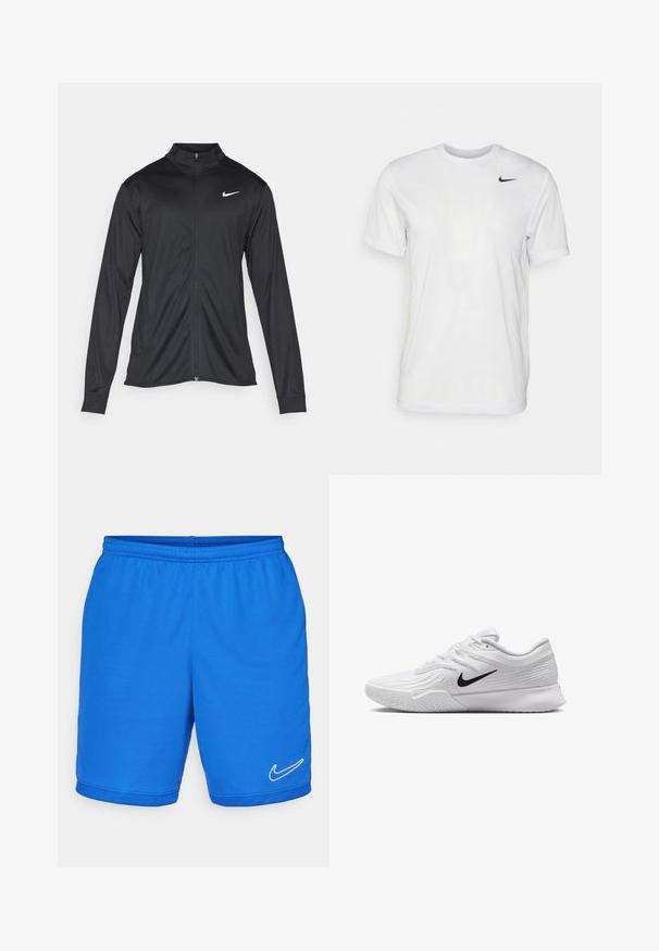 Chaqueta atlética negra con mangas largas, collar y cremallera completa. Presenta un sutil logo de Nike en blanco en la parte superior izquierda del pecho. Textura suave.; Camiseta blanca de manga corta hecha de tela suave. Presenta un cuello redondo y un pequeño logo negro de Nike en el pecho izquierdo.; Pantalones cortos deportivos azules con cintura elástica, fabricados con un tejido suave. Presentan el logo blanco de Nike en la parte inferior derecha y detalles de malla.; Zapatilla deportiva blanca con parte superior de malla texturizada, swoosh negro de Nike, cuello acolchado y suela de goma con un patrón de taco.