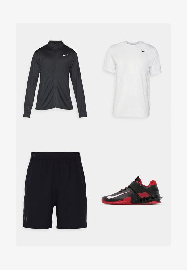 Crna sportska jakna s dugim rukavima, ovratnikom i punim patentnim zatvaračem. Ima suptilan Nike logo u bijeloj boji na gornjem lijevom dijelu prsne oznake. Glatka tekstura.; Bijela kratkotrajna majica s kratkim rukavima izrađena od glatkog materijala. Ima okrugli izrez i mali crni Nike logo na lijevoj strani prsnog koša.; Crne atletske kratke hlače s elastičnim pojasom, s neupadljivim logotipom u sivoj boji na lijevoj nozi. Glatka tkanina, dizajn do koljena.; Crne i crvene atletske tenisice s modernim dizajnom, teksturiranim mrežastim gornjištem, čvrstim gumeni potplat i istaknutim bijelim logotipom.