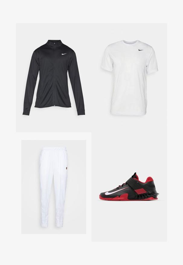 Schwarze Sportjacke mit langen Ärmeln, Kragen und voller Reißverschluss. Verfügt über ein dezentes Nike-Logo in Weiß auf der oberen linken Brust. Glatte Textur.; Weißes T-Shirt mit kurzen Ärmeln aus glattem Stoff. Verfügt über einen runden Halsauschnitt und ein kleines schwarzes Nike-Logo auf der linken Brust.; Weiße Sporthose mit elastischem Taillenbund, seitlichen Taschen und dezenten Nähten entlang der Beine.; Schwarze und rote sportliche Sneakers mit einem schlanken Design, strukturiertem Mesh-Obermaterial, robustem Gummisohle und markantem weißen Logo-Akzent.