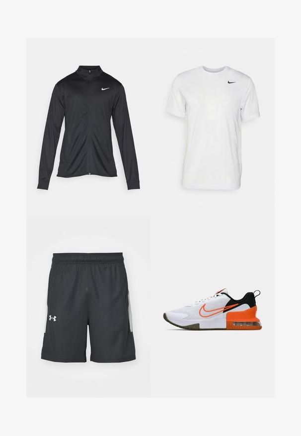 Melna sporta jaka ar garām piedurknēm, apkakli un pilnu rāvējslēdzēju. Uz kreisā krūts augšdaļas ir maigs Nike logo baltā krāsā. Gluda tekstūra.; Balts īsām piedurknēm T-krekls, kas izgatavots no gludas auduma. Tam ir apaļa kakla izgriezums un neliels melns Nike logo kreisajā krūtī.; Melni sporta šorti no viegla materiāla, ar elastīgu jostasvietu un divām sānu kabatām ar pelēkām akcentiem. Redzams Under Armour logo.; Balti sporta apavi ar teksturētu sieta augšējo daļu, melniem un oranžiem akcentiem, biezu gumijas zoli un caurspīdīgu gaisa spilvenu daļu pie papēža.