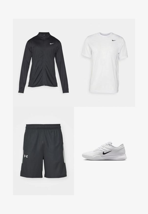 Melna sporta jaka ar garām piedurknēm, apkakli un pilnu rāvējslēdzēju. Uz kreisā krūts augšdaļas ir maigs Nike logo baltā krāsā. Gluda tekstūra.; Balts īsām piedurknēm T-krekls, kas izgatavots no gludas auduma. Tam ir apaļa kakla izgriezums un neliels melns Nike logo kreisajā krūtī.; Melni sporta šorti no viegla materiāla, ar elastīgu jostasvietu un divām sānu kabatām ar pelēkām akcentiem. Redzams Under Armour logo.; Baltas sporta apavi ar teksturētu sietiņu, melns Nike zīmols, polsterētas apkakles un gumijas zole ar profilu.