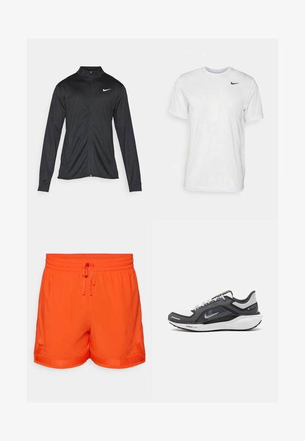 Must värvi sportlik jakk pikkade varrukatega, krae ja täispikk tõmblukk. Ülemises vasakus rinnas on diskreetne valge Nike logo. Sile tekstuur.; Valge lühikeste varrukatega t-särk, mis on valmistatud siledast kangast. Omab ümmargust kaelust ja väikest musta Nike logo vasakul rinnal.; Erksad oranžid lühikesed püksid elastse vöökohaga, nööri sulgemise ja küljetaskutega. Sile tekstuur, millel on veidi läikiv viimistlus.; Mustern ja hallide värvusega spordijalats, millel on võrgusilmast ülemine osa, peegeldavad aktsendid ja valge vaheosa. Omab tekstuuriga kummist välisosa ja kingapaelu.