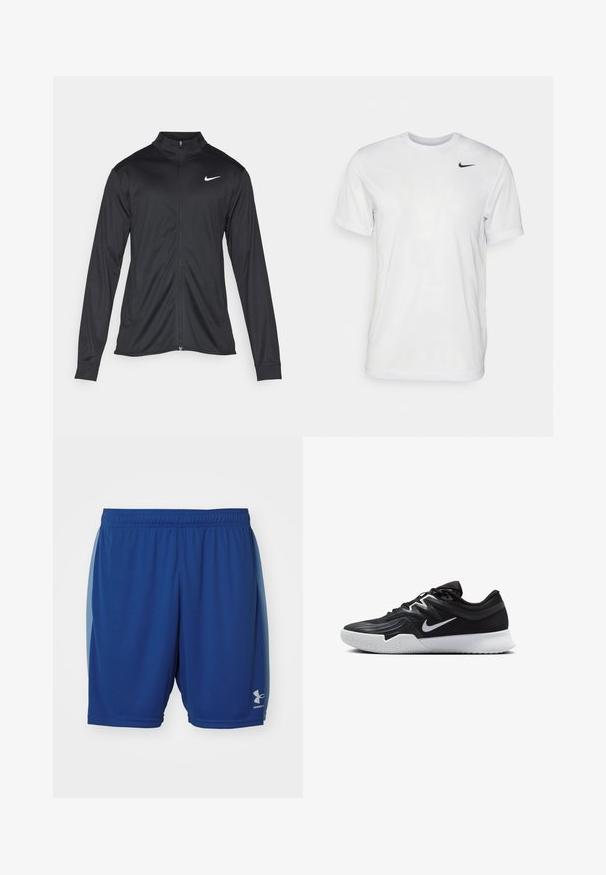 Black athletic jacket with long sleeves, collar, and full zipper. Features a subtle Nike logo in white on the upper left chest. Smooth texture.; White short-sleeve t-shirt made of smooth fabric. Features a round neck and a small black Nike logo on the left chest.; Blue athletic shorts made of lightweight fabric, featuring an elastic waistband and a small logo on the lower right leg.; Black athletic shoe with a textured upper, white Nike swoosh, and a white rubber outsole. Features a lace-up design and dynamic shape.